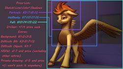 Size: 1280x719 | Tagged: safe, artist:aterhut, spitfire, pegasus, pony, g4, advertisement, commission, female, large wings, looking at you, mare, price list, smiling, solo, spread wings, wings