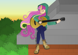 Size: 3508x2480 | Tagged: safe, artist:onlymeequestrian, oc, oc only, oc:brightfull flux, equestria girls, g4, clothes, guitar, high res, hoodie, long hair, musical instrument, solo