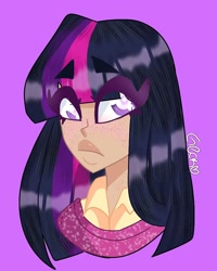 Size: 768x960 | Tagged: safe, artist:geckoland9, twilight sparkle, human, g4, bust, clothes, female, humanized, purple background, signature, simple background, solo