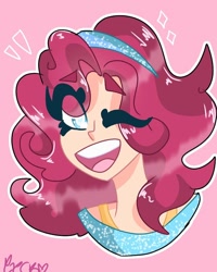 Size: 768x960 | Tagged: safe, artist:geckoland9, pinkie pie, human, g4, :d, bust, clothes, eye clipping through hair, female, humanized, one eye closed, open mouth, pink background, signature, simple background, smiling, solo, wink