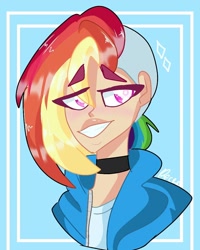 Size: 768x960 | Tagged: safe, artist:geckoland9, rainbow dash, human, g4, alternate hairstyle, blue background, bust, choker, clothes, female, humanized, signature, simple background, solo