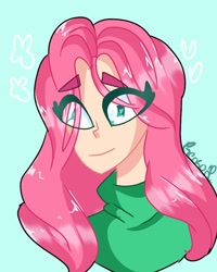Size: 768x960 | Tagged: safe, artist:geckoland9, fluttershy, human, g4, bust, clothes, eye clipping through hair, female, green background, humanized, signature, simple background, solo