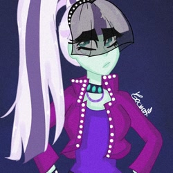 Size: 768x768 | Tagged: safe, artist:geckoland9, coloratura, equestria girls, g4, bust, choker, clothes, countess coloratura, eyelashes, female, hand on hip, makeup, purple background, see-through, signature, simple background, solo, veil