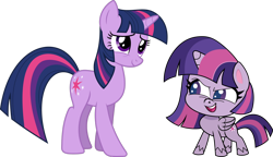 Size: 1280x739 | Tagged: safe, artist:negatif22, twilight sparkle, alicorn, pony, unicorn, g4, g4.5, my little pony: pony life, pinkie pie: hyper-helper, comparison, female, generational ponidox, mare, pony life accurate, show accurate, simple background, transparent background, twilight sparkle (alicorn), unicorn twilight