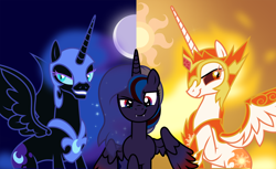 Size: 2000x1225 | Tagged: safe, artist:oyks, daybreaker, nightmare moon, princess celestia, princess luna, oc, oc:corona, alicorn, pony, g4, alicorn oc, horn, royal sisters, vector, wings