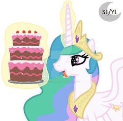 Size: 400x394 | Tagged: safe, artist:savannah-london, princess celestia, alicorn, pony, g4, cake, cakelestia, crown, cute, cutelestia, deviantart watermark, eyes on the prize, female, food, glowing horn, horn, jewelry, logo, magic, mare, multicolored mane, necklace, obtrusive watermark, open mouth, regalia, simple background, solo, spread wings, starry eyes, telekinesis, that princess sure does love cake, tongue out, watermark, white background, wingding eyes, wings