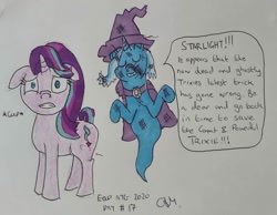 Size: 1132x879 | Tagged: safe, artist:rapidsnap, starlight glimmer, trixie, ghost, ghost pony, pony, undead, g4, floppy ears, gulp, traditional art