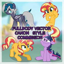 Size: 2000x2000 | Tagged: safe, artist:oyks, sunset shimmer, twilight sparkle, oc, oc:elizabat stormfeather, alicorn, bat pony, bat pony alicorn, pony, unicorn, g4, advertisement, alicorn oc, any gender, any race, bat pony oc, bat wings, commission, commission info, faic, female, high res, horn, mare, simple background, twilight sparkle (alicorn), vector, wings