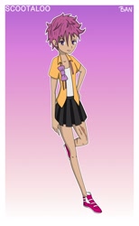 Size: 1920x3120 | Tagged: safe, artist:banquo0, scootaloo, human, art pack:my little persona, g4, clothes, female, humanized, pleated skirt, ribbon, scar, school uniform, shoes, skirt, solo, tank top