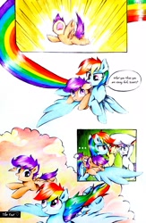 Size: 2322x3558 | Tagged: safe, artist:liaaqila, apple bloom, rainbow dash, scootaloo, sweetie belle, earth pony, pegasus, pony, unicorn, comic:fly high scoots, g4, adorabloom, bipedal, cloud, comic, cute, cutealoo, dashabetes, dialogue, diasweetes, dream, falling, flying, good end, high res, pillow, rainbow trail, scootaloo can fly, scootaloo can't fly, scootalove, screaming, sleeping, snoring, speech bubble, thought bubble, traditional art, unamused