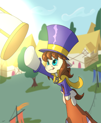 Size: 2048x2480 | Tagged: safe, artist:tigerett, earth pony, pony, a hat in time, cape, clothes, female, filly, hat, hat kid, high res, hourglass, ponified, ponyville, reaching, solo, tongue out