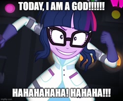 Size: 610x500 | Tagged: safe, edit, edited screencap, screencap, sci-twi, twilight sparkle, equestria girls, g4, mad twience, my little pony equestria girls: summertime shorts, a god am i, caption, evil grin, evil laugh, grin, i am a god, image macro, insanity, laughing, mad scientist, medic, medic (tf2), scream fortress, smiling, team fortress 2, text, this will end in science, twi medic