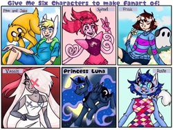 Size: 1080x809 | Tagged: safe, alternate version, artist:cosmickitty.draws, princess luna, alicorn, angel, cat, dog, gem (race), ghost, human, moth, pony, undead, anthro, g4, spoiler:steven universe, spoiler:steven universe: the movie, adventure time, animal crossing, anthro with ponies, bust, clothes, colored, crescent moon, crossover, disguise, disguised angel, ethereal mane, fallen angel, female, finn the human, floral head wreath, flower, frisk, gem, hazbin hotel, headphones, hellaverse, jake the dog, male, mare, missing eye, moon, moth angel, napstablook, peace sign, rosie (animal crossing), six fanarts, smiling, spinel, spinel (steven universe), spoilers for another series, starry mane, steven universe, steven universe: the movie, that's entertainment, undertale, vaggie