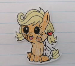 Size: 750x662 | Tagged: safe, artist:agirlwholovesmlp, applejack, earth pony, pony, apple family reunion, g4, baby, baby pony, babyjack, cute, diaper, female, filly, foal, freckles, jackabetes, lined paper, sitting, tongue out, traditional art, younger
