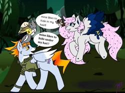 Size: 1080x809 | Tagged: safe, artist:cosmickitty.draws, oc, oc only, bird, cat, cockatiel, pegasus, pony, clothes, dialogue, ethereal mane, female, flying, forest, hat, hiding, looking back, male, mare, open mouth, outdoors, pegasus oc, pith helmet, signature, smiling, stallion, starry mane, tree, wings