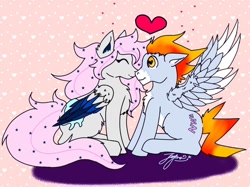 Size: 1080x808 | Tagged: safe, artist:cosmickitty.draws, oc, oc only, pegasus, pony, abstract background, chest fluff, eyes closed, female, heart, male, mare, oc x oc, pegasus oc, shipping, signature, smiling, stallion, straight, wings