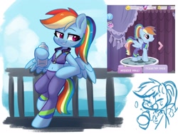 Size: 1600x1200 | Tagged: safe, artist:oofycolorful, rainbow dash, pegasus, pony, semi-anthro, alternate clothes, alternate hairstyle, arm hooves, belly button, buckball fan gear rainbow dash, clothes, female, gameloft, gameloft interpretation, jacket, pants, ponytail, solo, sports bra, sweat, sweatpants, that was fast, tracksuit, water bottle