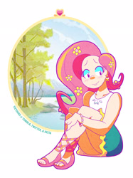 Size: 1836x2453 | Tagged: safe, artist:tie-dye-flag, artist:tietoons, fluttershy, human, g4, clothes, cute, dress, ear piercing, earring, female, flower, flower in hair, humanized, jewelry, no more ponies at source, piercing, sandals, shyabetes, sitting, skirt, smiling, solo