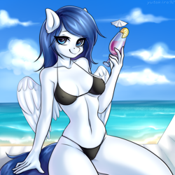 Size: 3000x3000 | Tagged: safe, artist:yutakira92, oc, oc only, oc:graceful motion, pegasus, anthro, anthro oc, beach, bikini, black swimsuit, clothes, cocktail, female, high res, mare, solo, swimsuit, wings