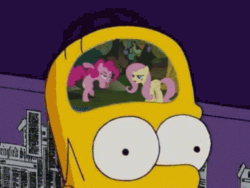 Size: 382x288 | Tagged: safe, edit, edited screencap, screencap, fluttershy, pinkie pie, pegasus, pony, bridle gossip, g4, animated, bipedal, dancing, evil enchantress, female, flutterguy, gif, homer simpson, loop, male, spitty pie, the simpsons