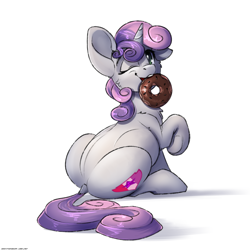 Size: 3000x3000 | Tagged: safe, artist:skitsroom, sweetie belle, pony, unicorn, g4, butt, cheek fluff, chest fluff, chubbie belle, chubby, cute, cutie mark, diasweetes, dock, donut, female, filly, food, high res, looking back, mouth hold, one ear down, one eye closed, plot, raised hoof, simple background, solo, sweetie butt, the cmc's cutie marks, underhoof, white background