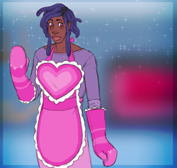 Size: 829x785 | Tagged: safe, artist:cottoncloudy, oc, oc only, oc:frosty cake, earth pony, human, apron, clothes, dark skin, dreadlocks, dyed hair, humanized, humanized oc, mittens, shirt, simple background, skirt, solo, sparkles, trans female, transgender