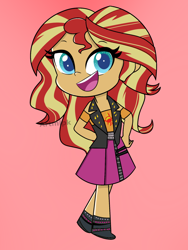 Size: 1800x2400 | Tagged: safe, artist:artmlpk, sunset shimmer, equestria girls, g4, g4.5, my little pony equestria girls: better together, my little pony: pony life, adorable face, adorkable, beautiful, cute, design, digital art, dork, female, g4.5 to equestria girls, hand on hip, looking at you, open mouth, pink background, shimmerbetes, simple background, smiling, smiling at you, solo, watermark