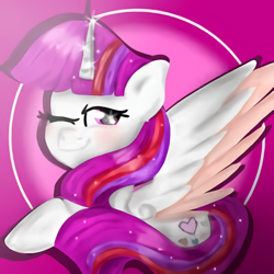 Size: 450x450 | Tagged: artist needed, safe, oc, oc only, alicorn, pony, abstract background, alicorn oc, horn, one eye closed, smiling, solo, wings, wink