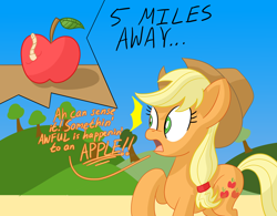 Size: 1920x1500 | Tagged: safe, artist:notadeliciouspotato, applejack, earth pony, pony, worm, apple, atg 2020, emanata, female, food, hill, mare, newbie artist training grounds, open mouth, raised hoof, shocked, sky, solo, speech bubble, table, talking, that pony sure does love apples, tree, wide eyes