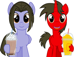 Size: 1920x1485 | Tagged: safe, artist:shadymeadow, oc, oc:dancing fan, oc:fried egg, pegasus, pony, unicorn, drink, female, frappuccino, male, mare, stallion