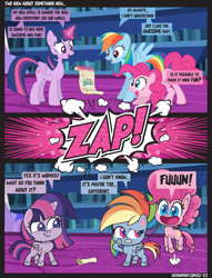 Size: 3000x3918 | Tagged: safe, artist:le-23, pinkie pie, rainbow dash, twilight sparkle, alicorn, earth pony, pegasus, pony, g4, g4.5, my little pony: pony life, pinkie pie: hyper-helper, princess probz, the best of the worst, broken english, comic, g4 to g4.5, generation leap, high res, library, speech bubble, twilight sparkle (alicorn), twilight's castle, twilight's castle library