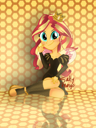 Size: 1536x2048 | Tagged: safe, artist:saltymango, sunset shimmer, bee, insect, equestria girls, g4, beehive, clothes, costume, crown, cute, dress, female, high heels, jewelry, looking at you, queen bee, regalia, shimmerbetes, shoes, sitting, smiling, solo