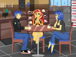 Size: 4000x3000 | Tagged: safe, artist:chuyryu, flash sentry, sunset shimmer, oc, oc:lazuli melody, equestria girls, g4, big breasts, boots, breasts, busty oc, cafe, cafeteria, coffee, converse, cup, drink, female, food, high heel boots, male, milf, mother, mother and child, mother and son, mug, pastry, ship:flashimmer, shipping, shoes, straight, tea