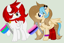 Size: 1076x728 | Tagged: safe, artist:circuspaparazzi5678, oc, oc:lucky cat, oc:melody havana, alicorn, pegasus, pony, base used, bell, bracelet, clothes, collar, hairclip, jewelry, necklace, omnisexual, omnisexual pride flag, polysexual, polysexual pride flag, pride, pride flag, pride month, red socks, socks, sparkles