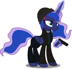 Size: 4042x3915 | Tagged: safe, artist:anime-equestria, princess luna, alicorn, android, pony, robot, robot pony, g4, clothes, connor, detroit: become human, gun, handgun, hat, horn, jacket, levitation, magic, pistol, shirt, simple background, solo, telekinesis, transparent background, vector, weapon, wings