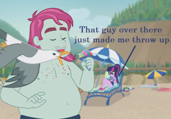 Size: 671x466 | Tagged: safe, screencap, meal ticket, sci-twi, twilight sparkle, bird, seagull, equestria girls, equestria girls series, friendship math, g4, chest hair, female, op is a duck, op is trying to start shit so badly that it's kinda funny, swoop, text