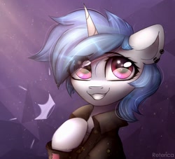 Size: 1652x1500 | Tagged: safe, artist:radioaxi, oc, oc only, pony, unicorn, abstract background, bust, clothes, commission, ear piercing, earring, eye clipping through hair, female, jacket, jewelry, looking at you, mare, piercing, portrait, smiling, solo