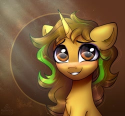 Size: 2000x1856 | Tagged: safe, artist:radioaxi, oc, oc only, oc:awkward dork, pony, unicorn, abstract background, blushing, chest fluff, commission, crepuscular rays, eyeliner, femboy, looking at you, makeup, male, smiling, solo, stallion