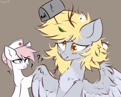 Size: 1024x818 | Tagged: dead source, safe, artist:mysha, derpy hooves, nurse redheart, earth pony, pegasus, pony, g4, blushing, chest fluff, confused, cute, derpabetes, derpy being derpy, duo, female, letter, mailbox, mare, messy mane, question mark, unamused