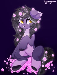 Size: 1574x2048 | Tagged: dead source, safe, artist:mysha, oc, oc only, oc:rivibaes, pony, unicorn, belly button, coat markings, crying, flower, flower in hair, pale belly, sitting, socks (coat markings), solo