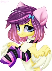 Size: 1000x1350 | Tagged: dead source, safe, artist:mysha, oc, oc only, pegasus, pony, bow, choker, clothes, hair bow, hairclip, heart choker, pale belly, socks, solo, striped socks