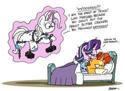 Size: 1024x745 | Tagged: safe, artist:bobthedalek, starlight glimmer, sunburst, trixie, ghost, pony, undead, unicorn, g4, a christmas carol, atg 2020, bed, bed mane, blaze (coat marking), box, chains, coat markings, disguise, facial markings, female, flour, frustrated, frustration, implied sex, inconvenient trixie, kite, levitation, magic, male, messy mane, newbie artist training grounds, self-levitation, ship:starburst, shipping, socks (coat markings), starlight glimmer is not amused, straight, sunburst is not amused, telekinesis, that pony sure does love kites, that pony sure does love peanut butter crackers, this will end in pain, this will end in the hospital, tired, unamused, wooo