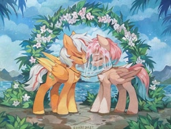 Size: 1920x1440 | Tagged: safe, artist:share dast, oc, oc only, pegasus, pony, beautiful, colored wings, commission, commissioner:shurya shish, cute, eyes closed, flower, gouache, jewelry, marriage, multicolored wings, ocean, painting, ring, traditional art, unshorn fetlocks, wedding, wedding ring, wedding veil, wings