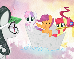 Size: 2738x2190 | Tagged: safe, artist:meekcheep, apple bloom, scootaloo, sweetie belle, oc, g4, boat, cutie mark crusaders, flag, glasses, high res, mouth hold, newspaper, paper boat, sun visor