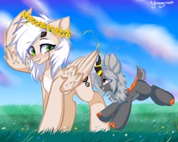 Size: 2048x1638 | Tagged: dead source, safe, artist:mysha, oc, oc only, kirin, pegasus, pony, floral head wreath, flower, pale belly, smiling