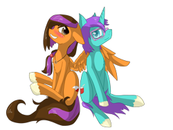 Size: 3200x2400 | Tagged: safe, artist:tomat-in-cup, oc, oc only, pegasus, pony, unicorn, blushing, colored hooves, duo, glasses, high res, horn, hug, jewelry, necklace, pegasus oc, simple background, sitting, smiling, transparent background, unicorn oc, unshorn fetlocks, winghug, wings