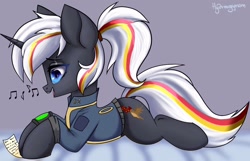 Size: 1024x658 | Tagged: dead source, safe, artist:mysha, oc, oc only, oc:velvet remedy, pony, unicorn, fallout equestria, clothes, jacket, jumpsuit, lying down, music notes, pipbuck, singing, solo, vault suit