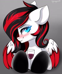 Size: 1706x2048 | Tagged: dead source, safe, artist:mysha, oc, oc only, pegasus, pony, alcohol, blushing, explicit source, glass, looking at you, smiling, solo, wine, wine glass