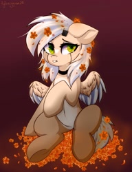 Size: 1574x2048 | Tagged: dead source, safe, artist:mysha, oc, oc only, pegasus, pony, crying, flower, flower in hair, pale belly, sitting, solo