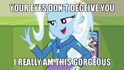 Size: 640x360 | Tagged: safe, edit, edited screencap, screencap, trixie, equestria girls, equestria girls series, forgotten friendship, g4, caption, clothes, cute, diatrixes, ego, hoodie, image macro, lockers, meme, narcissism, open mouth, poster, text